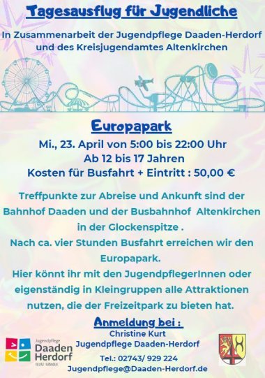 Hier sehen Sie den Flyer für den Tagesausflug zum Europapark von der Jugendpflege Daaden